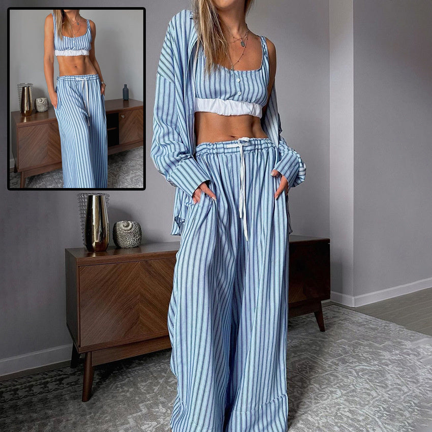 Women's 3 Piece Suit Y2K Aesthetic Striped Tank Top Long Sleeve Shirt And Elastic Waist Stretch Trousers For Casual Wear