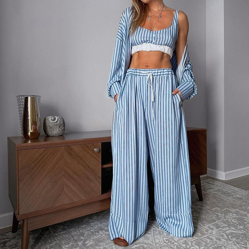 Women's 3 Piece Suit Y2K Aesthetic Striped Tank Top Long Sleeve Shirt And Elastic Waist Stretch Trousers For Casual Wear