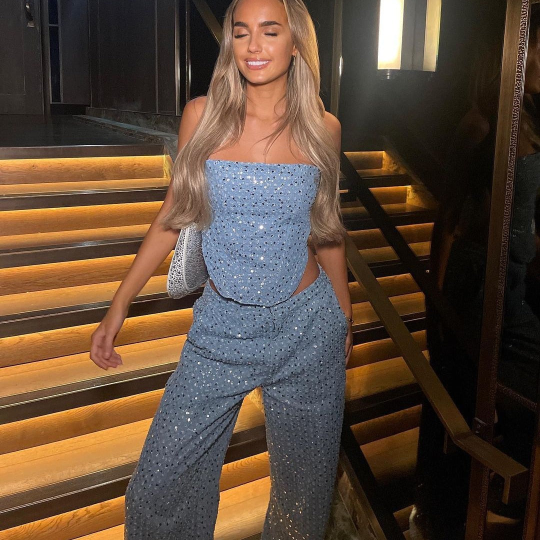 Women's Sexy Denim Sequined Slim-fit Tube Top Wide-leg Pants