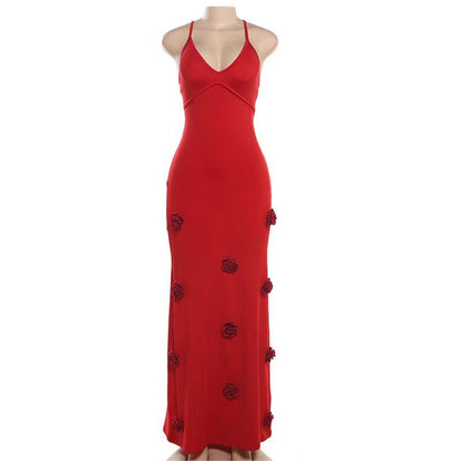 Women's Braces Skirt Three-dimensional Flower Knitted Backless Lace-up Dress