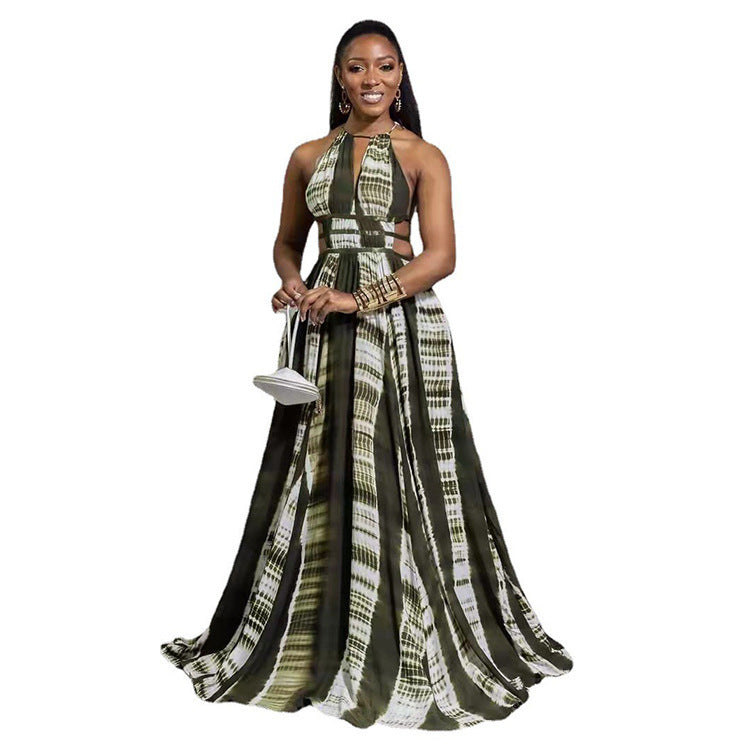 Spring And Summer Sleeveless Halter Large Swing Dress Printed Temperament