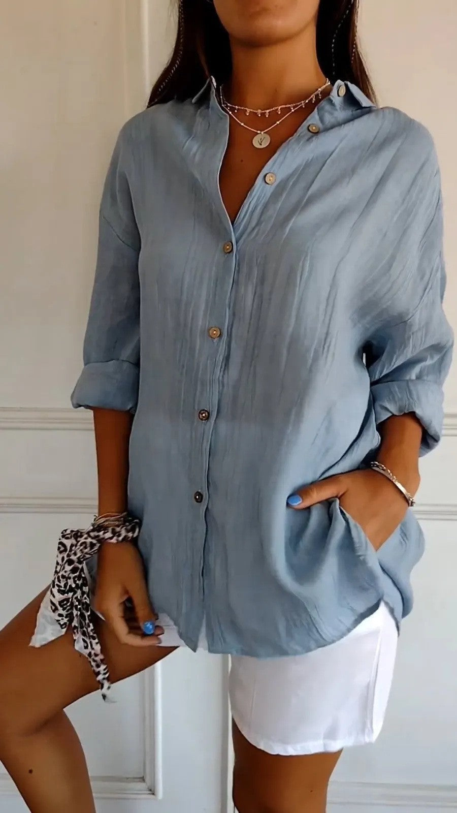 Popular Spring And Summer New Women's Loose Open Button Shirt Solid Color Top