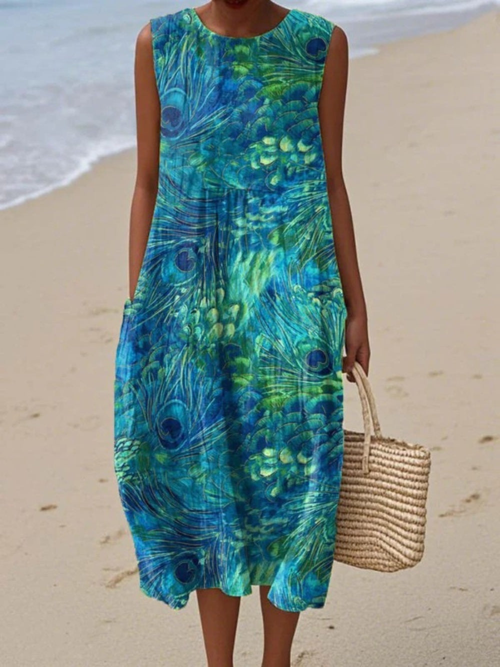 Women's Casual Printed Pocket Round Neck Dress