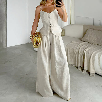 Fashion Suspenders Vest High Waist Wide Leg Pants Two-piece Set