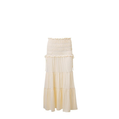 American And French Style Pure Desire V-neck Top Pleated Wooden Ear Skirt Suit