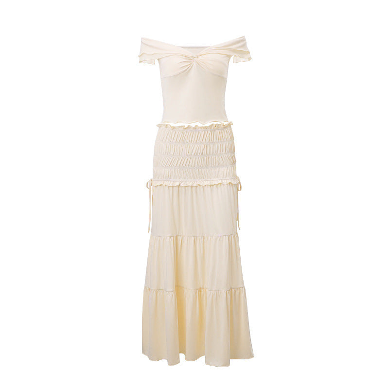 American And French Style Pure Desire V-neck Top Pleated Wooden Ear Skirt Suit