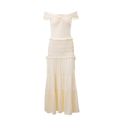 American And French Style Pure Desire V-neck Top Pleated Wooden Ear Skirt Suit