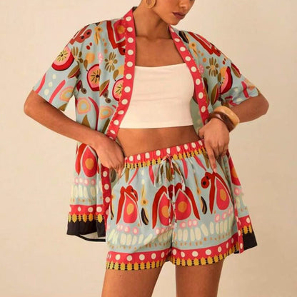 Fashion Casual Printing Cardigan Short Sleeve Shorts Suit