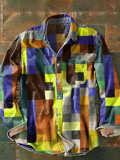 Retro Color Matching 3D Printed Men's Long Sleeve Button Shirt