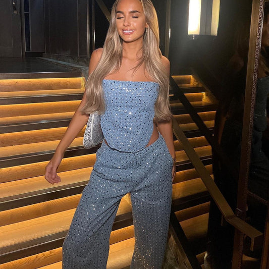 Women's Sexy Denim Sequined Slim-fit Tube Top Wide-leg Pants