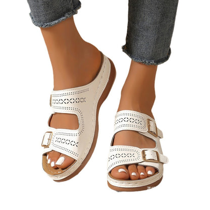 Women's Carved Belt Buckle Platform Wedge Lightweight Sandals