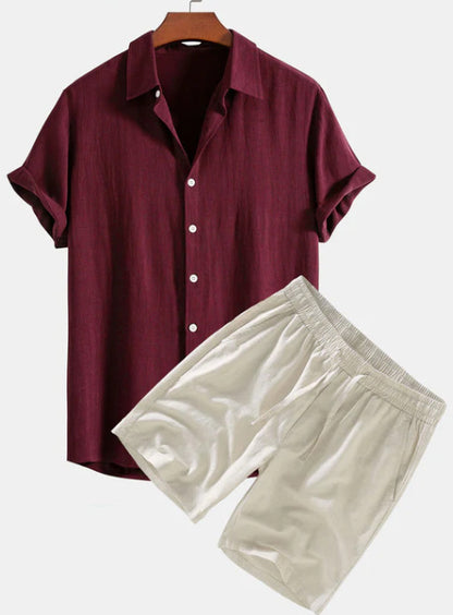 Men's Solid Color Casual Short-sleeved Shirt Shorts Suit