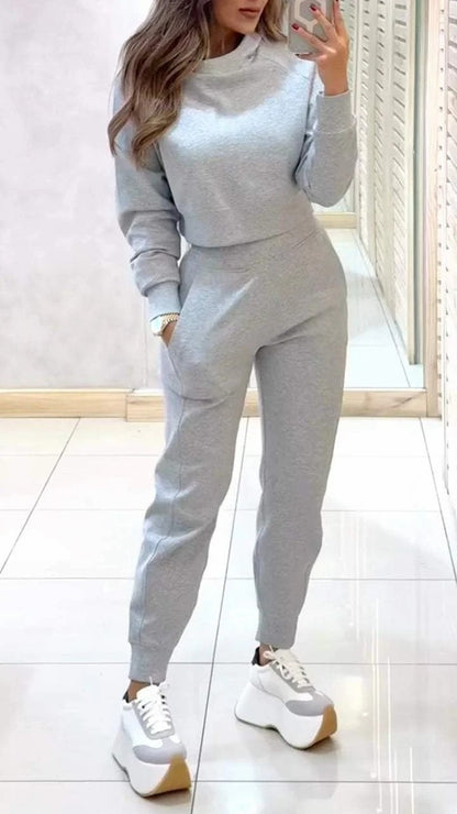 Stand Collar Sports Suit Fashion Pullover Long-sleeves Short Top And Slim Trousers With Pockets Solid Outfits Women's Clothing