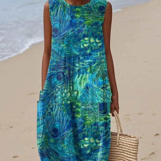 Women's Casual Printed Pocket Round Neck Dress
