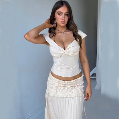 American And French Style Pure Desire V-neck Top Pleated Wooden Ear Skirt Suit
